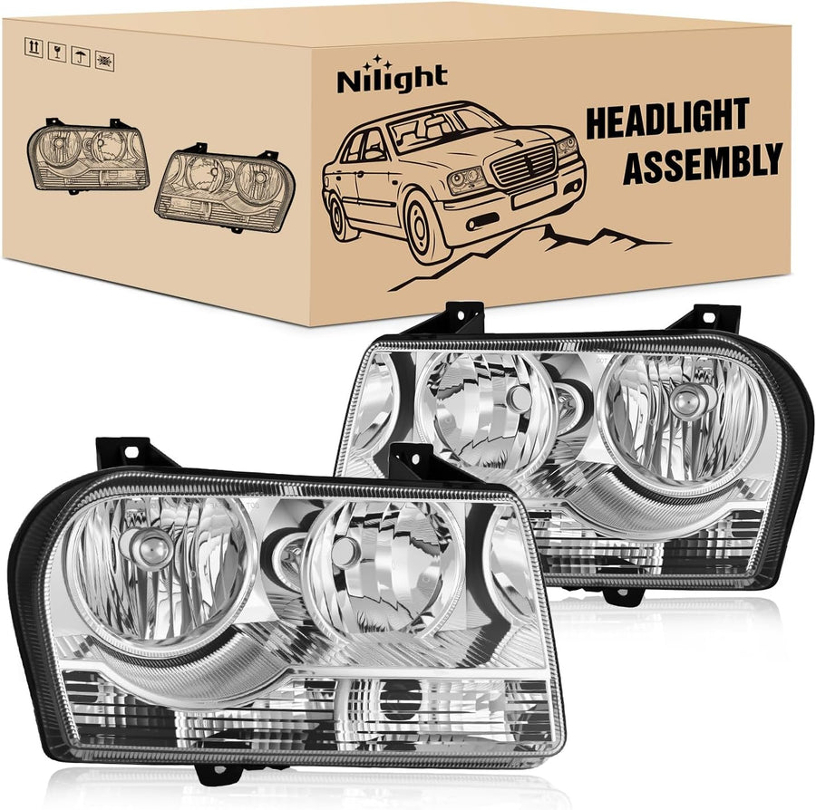 Nilight Headlight Assembly Compatible with 2005-2010 Chrysler 300 | 2005-2010 Chrysler 300 Halogen Style OE Factory Replacement Headlights Chrome Housing Headlamp