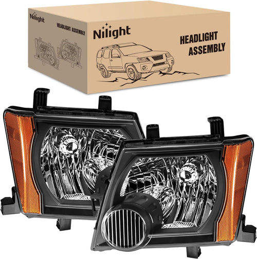 Nilight Headlight Assembly Compatible with 2005-2015 Nissan Xterra | 2005-2015 Nissan Xterra OE Style Replacement Black Housing Amber Reflector Headlamp
