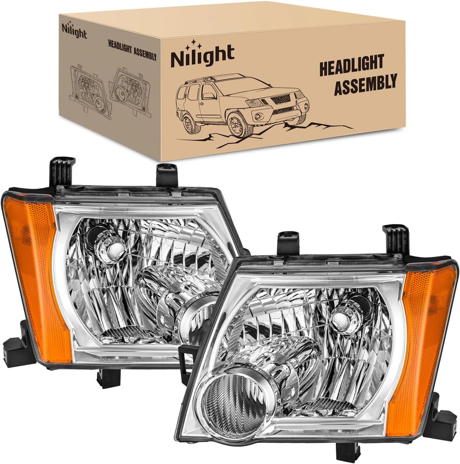 Nilight Headlight Assembly Compatible with 2005-2015 Nissan Xterra | 2005-2015 Nissan Xterra OE Style Replacement Chrome Housing Amber Reflector Headlamp