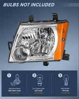 Nilight Headlight Assembly Compatible with 2005-2015 Nissan Xterra | 2005-2015 Nissan Xterra OE Style Replacement Chrome Housing Amber Reflector Headlamp, view 2