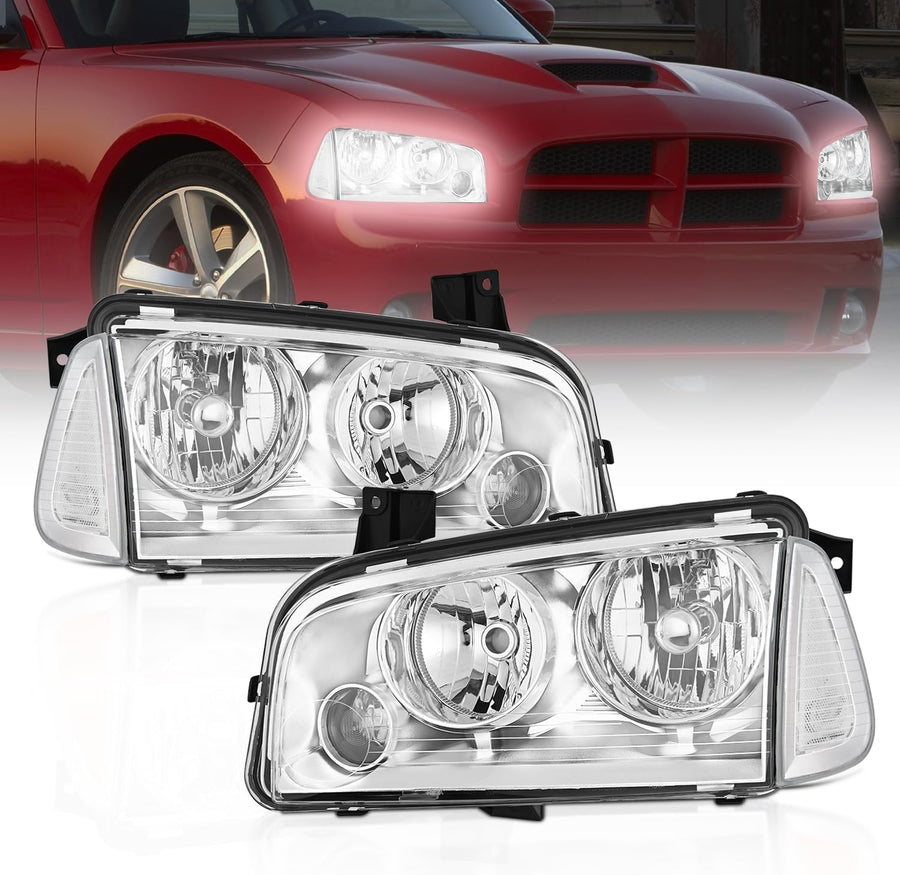 Nilight Headlight Assembly Compatible with 2006 2007 2008 2009 2010 Dodge Charger Chrome Housing Clear Reflector Lens Headlights Replacement Bumper Lamp Set Driver and Passenger Side