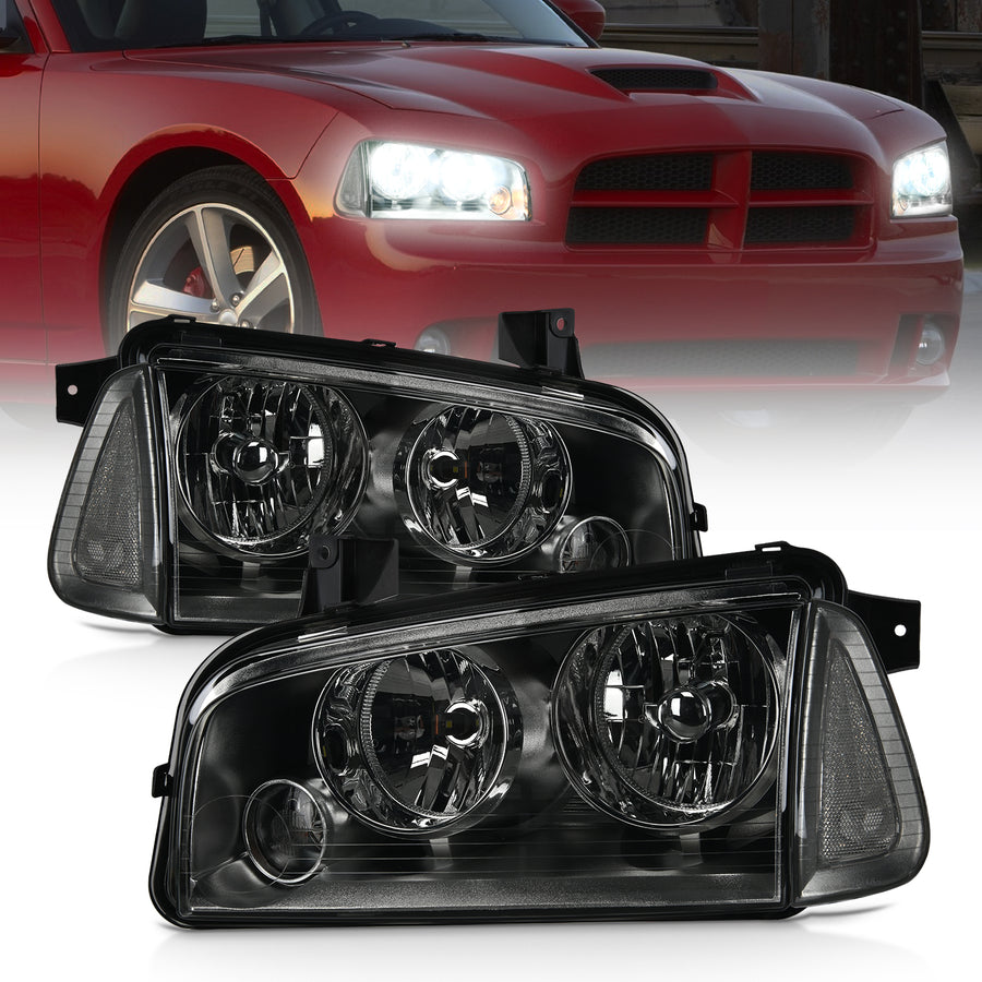 Nilight Headlight Assembly Compatible with 2006 2007 2008 2009 2010 Dodge Charger Smoke Housing Clear Reflector Lens Headlights Replacement Bumper Lamp Set Driver and Passenger Side
