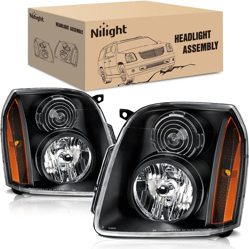 Nilight Headlight Assembly Compatible with 2007 2008 2009 2010 2011 2012 2013 2014 GMC Yukon Halogen Type Factory OE Style Replacement Black Housing Amber Reflector Passenger and Driver Side