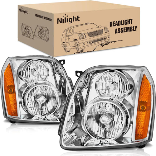 Nilight Headlight Assembly Compatible with 2007 2008 2009 2010 2011 2012 2013 2014 GMC Yukon Halogen Type Factory OE Style Replacement Chrome Housing Amber Reflector Passenger and Driver Side