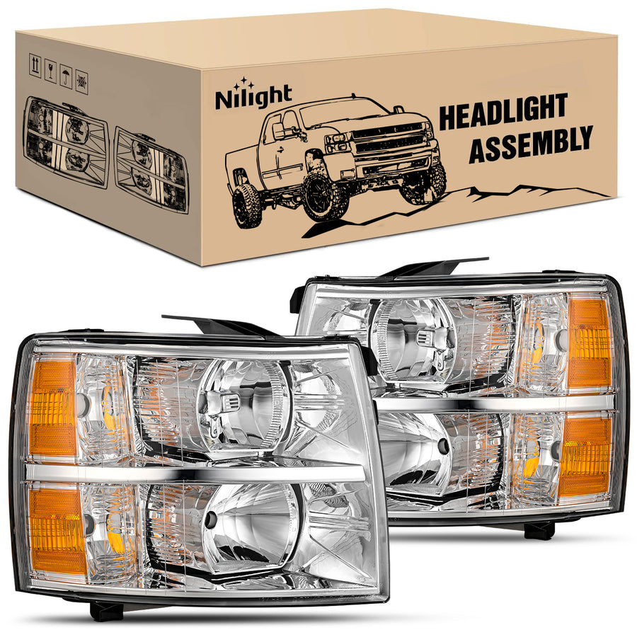 Nilight Headlight Assembly Compatible with 2007 2008 2009 2010 2011 2012 2013 Silverado 1500 2014 2500HD 3500HD Replacement Chrome Housing Amber Reflector