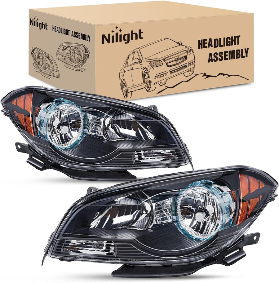 Nilight Headlight Assembly Compatible with 2008 2009 2010 2011 2012 Chevy Malibu 4 Door Halogen Factory Headlamp Black Housing Amber Reflector Headlamp Passenger and Driver Side