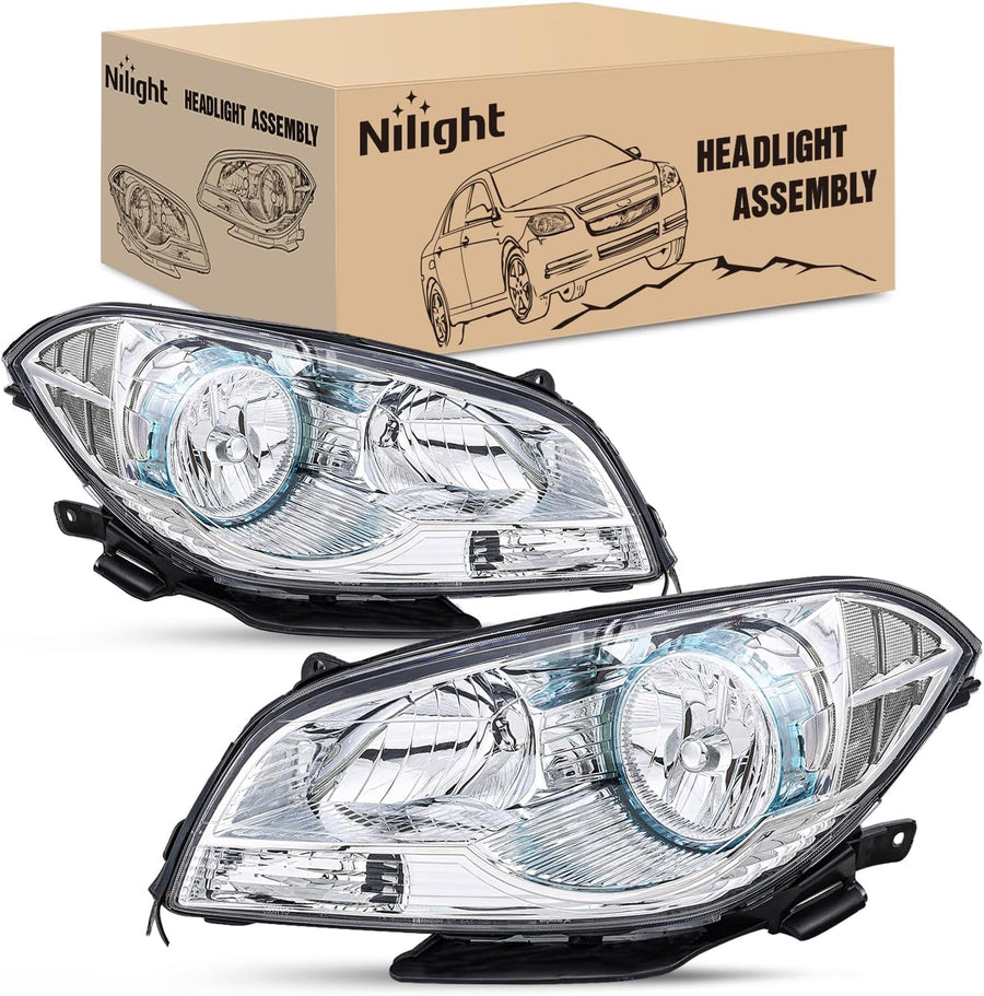 Nilight Headlight Assembly Compatible with 2008 2009 2010 2011 2012 Chevy Malibu 4 Door Halogen Factory Headlamp Chrome Housing Clear Reflector Headlamp Passenger and Driver Side