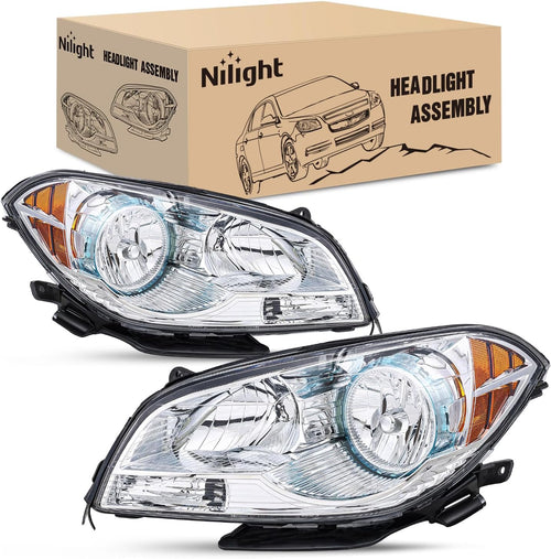 Nilight Headlight Assembly Compatible with 2008-2012 Chevy Malibu | 2008-2012 Chevy Malibu 4 Door Halogen Factory Headlamp Chrome Housing Amber Reflector Headlamp