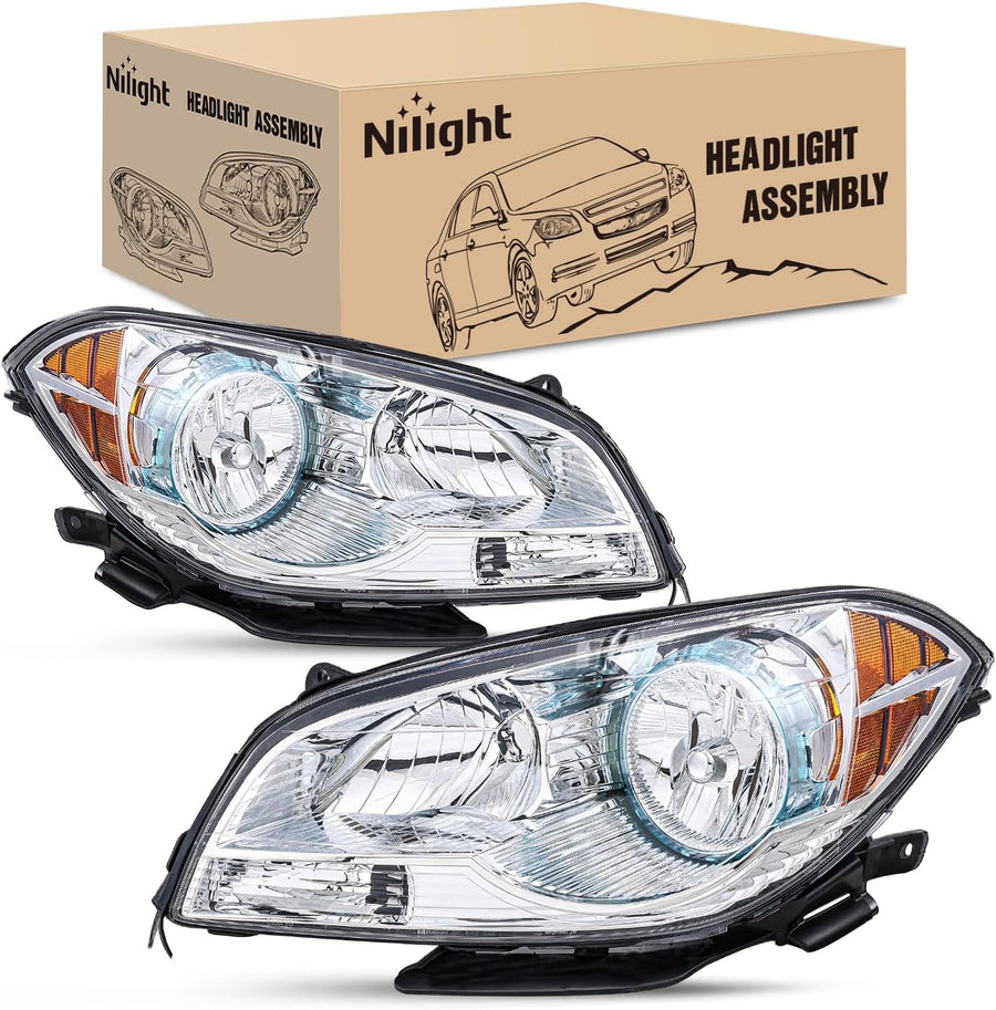 Nilight Headlight Assembly Compatible with 2008-2012 Chevy Malibu | 2008-2012 Chevy Malibu 4 Door Halogen Factory Headlamp Chrome Housing Amber Reflector Headlamp