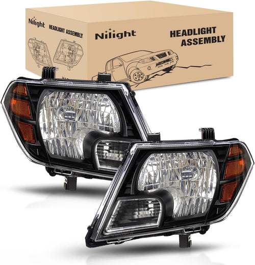 Nilight Headlight Assembly Compatible with 2009 2010 2011 2012 2013 2014 2015 2016 2017 2018 2019 2020 2021 Nissan Frontier 4-Door Sedan Black Housing Amber Reflector Passenger and Driver Side