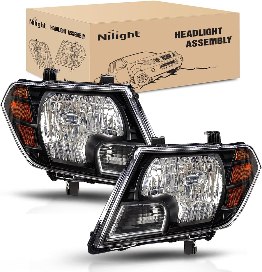 Nilight Headlight Assembly Compatible with 2009 2010 2011 2012 2013 2014 2015 2016 2017 2018 2019 2020 2021 Nissan Frontier 4-Door Sedan Black Housing Amber Reflector Passenger and Driver Side