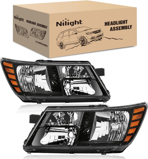 Nilight Headlight Assembly Compatible with 2009 2010 2011 2012 2013 2014 2015 2016 2017 2018 2019 2020 Dodge Journey Black Housing Amber Reflector Headlamp Passenger and Driver Side