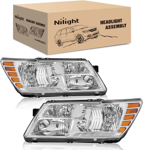 Nilight Headlight Assembly Compatible with 2009 2010 2011 2012 2013 2014 2015 2016 2017 2018 2019 2020 Dodge Journey Chrome Housing Amber Reflector Headlamp Passenger and Driver Side