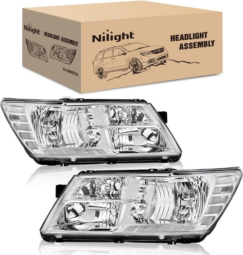 Nilight Headlight Assembly Compatible with 2009 2010 2011 2012 2013 2014 2015 2016 2017 2018 2019 2020 Dodge Journey Chrome Housing Clear Reflector Headlamp Passenger and Driver Side