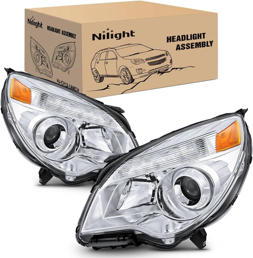 Nilight Headlight Assembly Compatible with 2010 2011 2012 2013 2014 2015 Chevy Chevrolet Equinox OE Style Projector Replacement Halogen Headlights Chrome Housing Amber Reflector Headlamp a pair