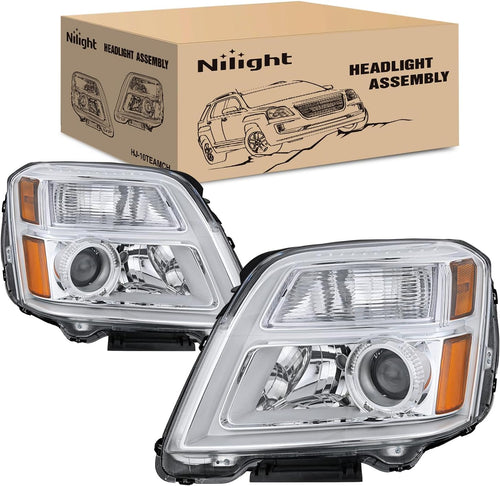 Nilight Headlight Assembly Compatible with 2010 2011 2012 2013 2014 2015 GMC Terrain Halogen Projector OE Style Replacement Headlights Chrome Housing Amber Reflector Headlamp Passenger and Driver Side