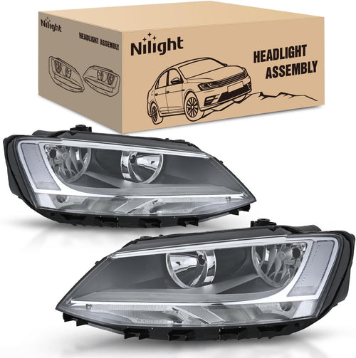Nilight Headlight Assembly Compatible with 2011-2018 Volkswagen Jetta MK6 | 2011-018 Volkswagen Jetta MK6 OE Style Replacement Chrome Housing Clear Reflector Halogen Headlamps