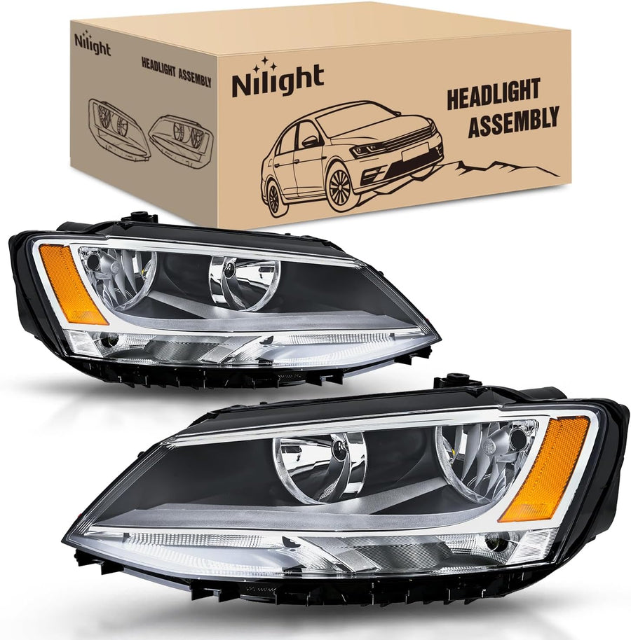 Nilight Headlight Assembly Compatible with 2011-2018 Volkswagen Jetta MK6 | 2011-2018 Volkswagen Jetta MK6 OE Style Replacement Chrome Housing Amber Reflector Halogen Headlamps