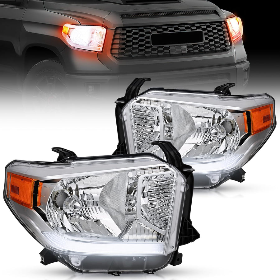 Nilight Headlight Assembly Compatible with 2014 2015 2016 2017 2018 2019 2020 2021 Toyota Tundra Chrome Housing Amber Reflector Clear Lens Bumper Headlamps Replacement Driver and Passenger Side