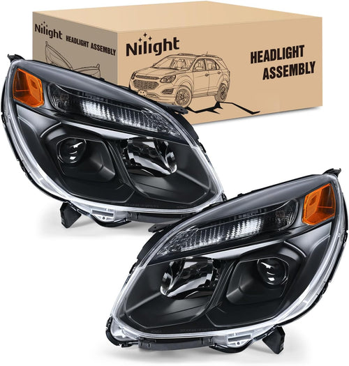 Nilight Headlight Assembly Compatible with 2016 2017 Chevy Equinox OE Style Projector Replacement Halogen Headlights Black Housing Amber Reflector Headlamp Passenger and Driver Side