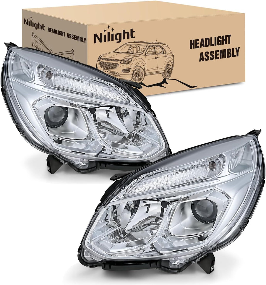 Nilight Headlight Assembly Compatible with 2016 2017 Chevy Equinox OE Style Projector Replacement Halogen Headlights Chrome Housing Clear Reflector Headlamp Passenger and Driver Side