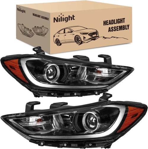 Nilight Headlight Assembly Compatible with 2017 2018 Hyundai Elantra | 2017 2018 Hyundai Elantra OE Style Projector Replacement Black Housing Amber Reflector Headlamp