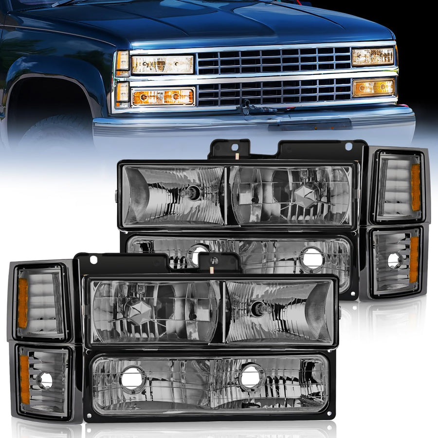Nilight Headlight Assembly for 1994 1995 1996 1997 1998 Chevy Silverado Tahoe Suburban C10 C/K 1500 2500 3500 Replacement Headlamp Chrome Housing Amber Reflector Smkoe Lens Bumper Corner Lamp