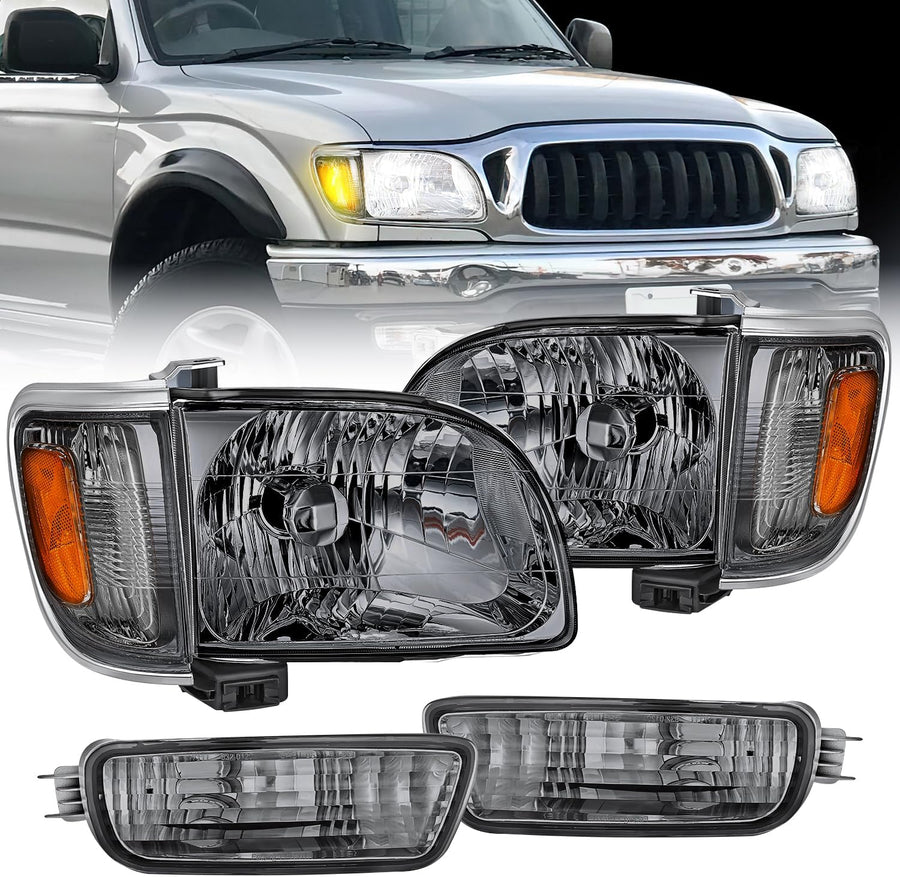 Nilight Headlight Assembly for 2001 2002 2003 2004 Toyota Tacoma Replacement Headlamp Chrome Housing Amber Reflector Smoke Lens Driver and Passenger Side