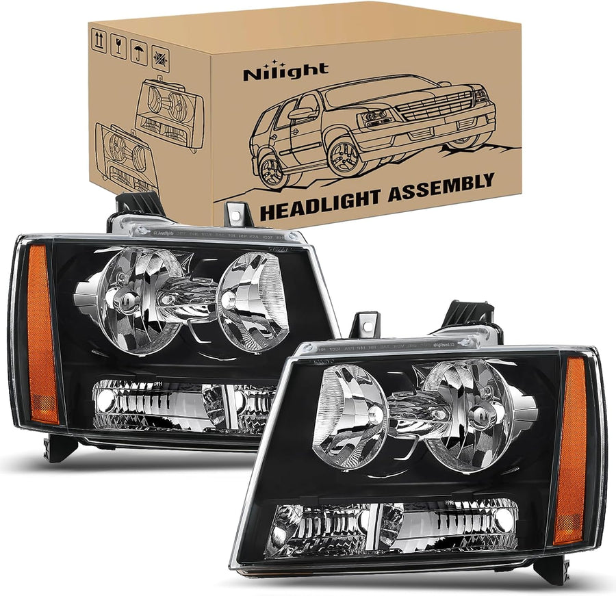 Nilight Headlight Assembly for 2007 2008 2009 2010 2011 2012 2013 2014 Chevy Avalanche Tahoe Suburban 1500 2500 Replacement Headlamp Bumper Lamp Set Black Housing Amber Reflector