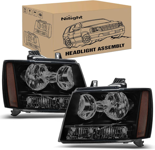 Nilight Headlight Assembly for 2007 2008 2009 2010 2011 2012 2013 2014 Chevy Avalanche Tahoe Suburban 1500 2500 Replacement Headlamp Bumper Lamp Set Black Housing Amber Reflector Smoked Lens
