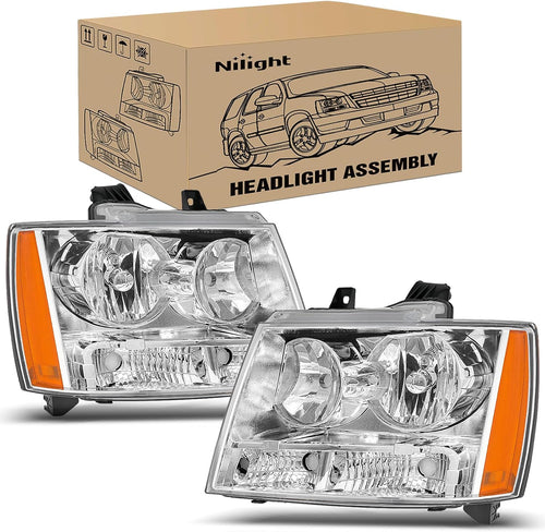 Nilight Headlight Assembly for 2007 2008 2009 2010 2011 2012 2013 2014 Chevy Avalanche Tahoe Suburban 1500 2500 Replacement Headlamp Bumper Lamp Set Chrome Housing Amber Reflector