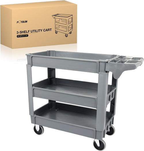 Nilight Heavy Duty 3-Shelf Plastic Utility Cart - 550 lbs Capacity Rolling Service Cart with 5 Inch TPU Silent Wheels & Integrated Tool Handle - Grey