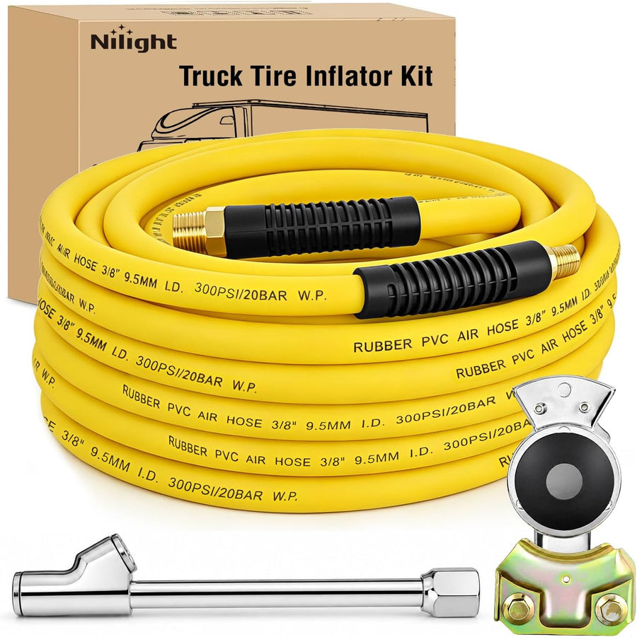 Nilight Heavy Duty Truck Tire Inflator Kit 3/8 in x 50 FT 300 PSI | Hybrid Air Hose with Universal Glad Hand and Air Chuck Lightweight Kink Resistant Semi Trailer Tractor Tire Inflation Hose
