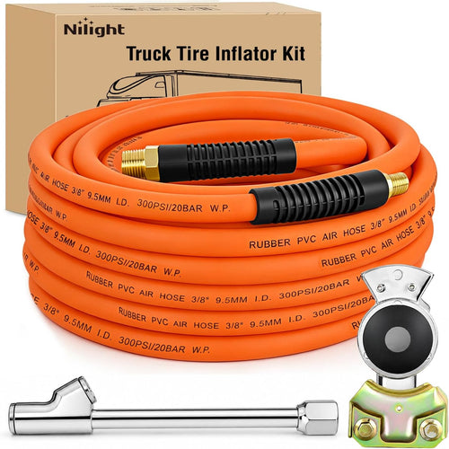 Nilight Heavy Duty Truck Tire Inflator Kit 3/8 in x 50 FT 300 PSI | Hybrid Air Hose with Universal Glad Hand and Air Chuck Lightweight Kink Resistant Semi Trailer Tractor Tire Inflation Hose