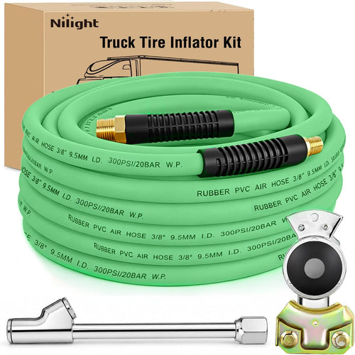 Nilight Heavy Duty Truck Tire Inflator Kit 3/8 in x 50 FT 300 PSI | Hybrid Air Hose with Universal Glad Hand and Air Chuck Lightweight Kink Resistant Semi Trailer Tractor Tire Inflation Hose