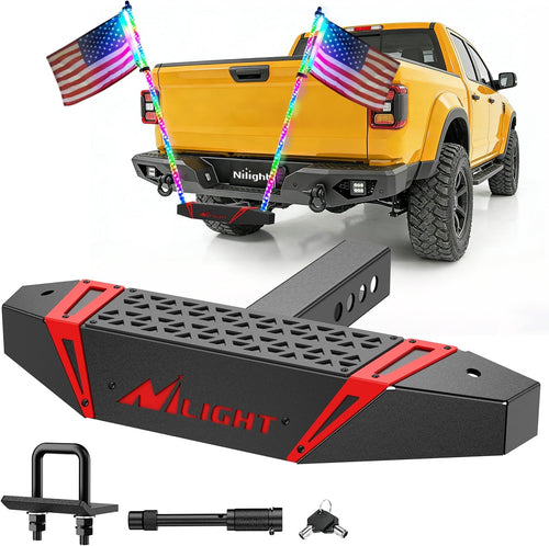 Nilight Hitch Step with Whip Mount Holes 2 Inch Receiver for Trucks SUV Car Van | Upgraded Textured Black Anti-Slip Step Bar Rear Bumper Guard Protector Includes Hitch Lock & U-Bolts Universal Fit