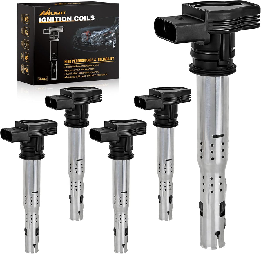 Nilight Ignition Coil Pack Fit for Volkswagen Audi VW Jetta Rabbit Beetle Passat Golf Tiguan GTI Eos CC Quattro A3 A4 A5 Q3 2005 2006 2007 2008 09 10 11 2012 2.5L L5 OE# UF575 Ignition Coils Set of 5