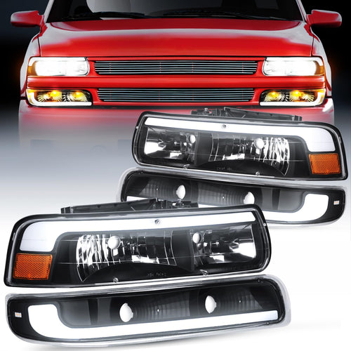 Nilight LED DRL Headlight Assembly for 1999 2000 2001 2002 Chevy Silverado 1500 1500HD 2500 2500HD 3500 Chevrolet Tahoe Suburban Replacement Headlamp Clean Lens Black Housing Amber Bumper Lights Set