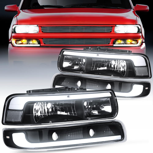 Nilight LED DRL Headlight Assembly for 1999 2000 2001 2002 Chevy Silverado 1500 1500HD 2500 2500HD 3500 Chevrolet Tahoe Suburban Replacement Headlamp Clean Lens Black Housing Bumper Lights Set