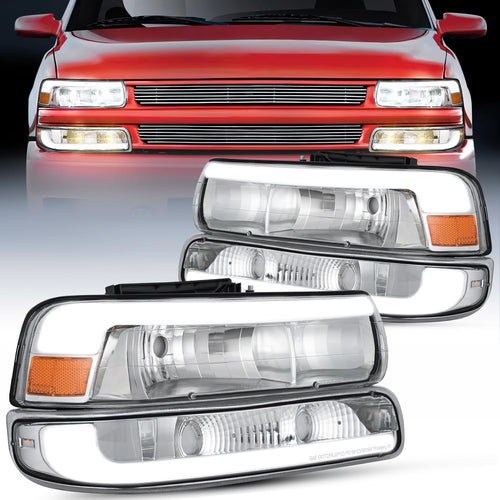 Nilight LED DRL Headlight Assembly for 1999 2000 2001 2002 Chevy Silverado 1500 1500HD 2500 2500HD 3500 Chevrolet Tahoe Suburban Replacement Headlamp Clean Lens Chrome Housing Amber Bumper Lights Set