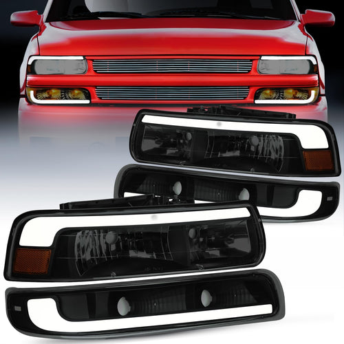 Nilight LED DRL Headlight Assembly for 1999 2000 2001 2002 Chevy Silverado 1500 1500HD 2500 2500HD 3500 Chevrolet Tahoe Suburban Replacement Headlamp Smoked Lens Black Housing Amber Bumper Lights Set