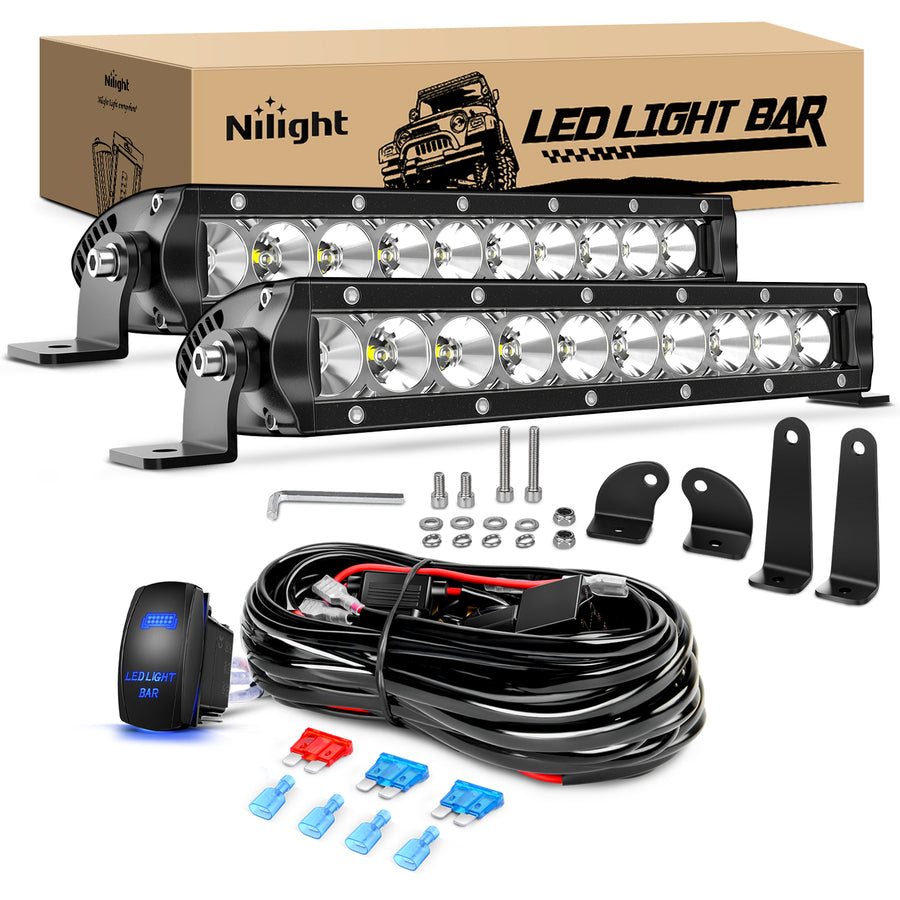 Nilight Led Light Bar 2Pcs 11 Inch 50W Super Slim Spot Flood Combo 5000LM 3D Driving Fog Off Road Lights Pods with Wiring Harness Kit-2 Lead for Trucks Pickup SUV ATV UTV Boat 4x4 Van Camper