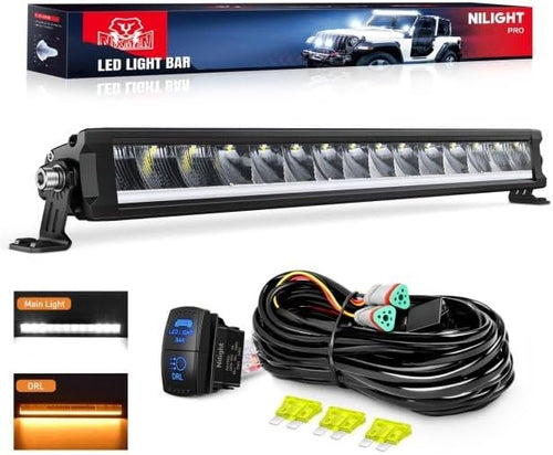 Nilight LED Light Bar with Amber DRL 19.5 Inch 75W Single Row Offroad Light Anti-Glare Flood Spot Combo Slim Light Bar IP68 w/ 16AWG DT Wiring Kit for Pickup Truck SUV ATV UTV Boat 4x4 Jeep
