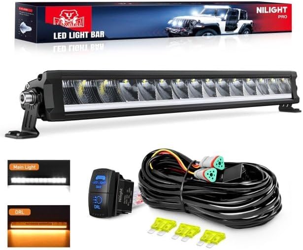 Nilight LED Light Bar with Amber DRL 19.5 Inch 75W Single Row Offroad Light Anti-Glare Flood Spot Combo Slim Light Bar IP68 w/ 16AWG DT Wiring Kit for Pickup Truck SUV ATV UTV Boat 4x4 Jeep