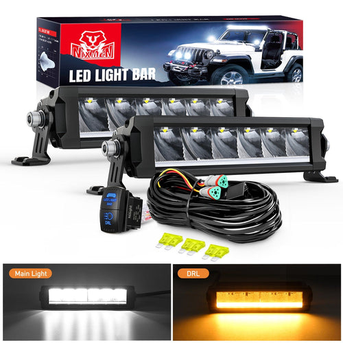Nilight LED Light Bar with Amber DRL 2 PCS 30 W 9 Inch Single Row Slim 3365 LM Anti-Glare Spot Beam IP68 Offroad Driving Lights w/ 16AWG DT Wiring Kit for Pickup Truck SUV ATV UTV Boat 4x4 Jeep