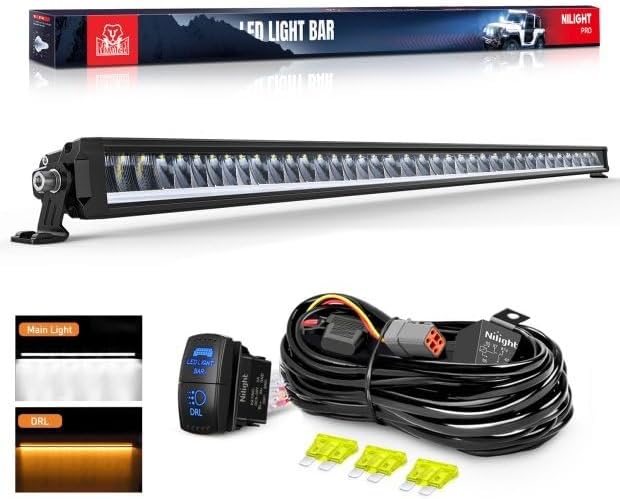Nilight LED Light Bar with Amber DRL 50.5 Inch 210 W Single Row Anti-Glare Flood Spot Combo Slim Offroad Lights IP68 w/ 12 AWG DT Wiring Kit for Pickup Truck SUV ATV UTV Boat 4x4