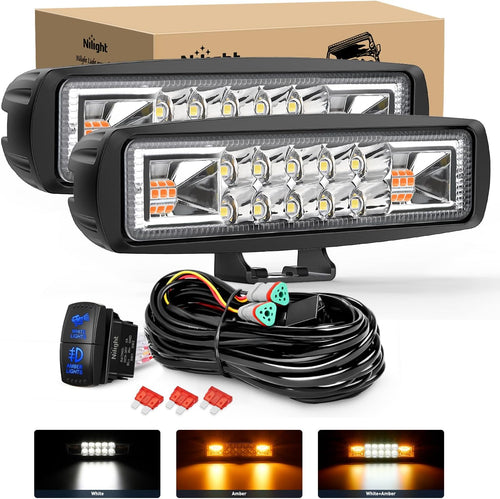 Nilight LED Light Pods 2PCS 6 Inch 60W Amber White 3 Lighting Modes Fog Lights Spot Flood Combo Beam with Dual Control 18AWG Wiring Harness for Truck Pickup Golf Cart UTV ATV SUV Boat 4x4 Car