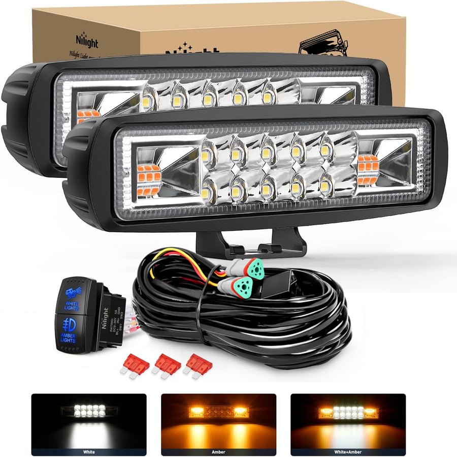 Nilight LED Light Pods 2PCS 6 Inch 60W Amber White 3 Lighting Modes Fog Lights Spot Flood Combo Beam with Dual Control 18AWG Wiring Harness for Truck Pickup Golf Cart UTV ATV SUV Boat 4x4 Car