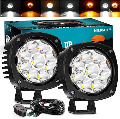 Nilight Led Offroad Lights 2PCS 4Inch 9LED Spot Amber White Strobe 6 Modes | Round Driving Light Memory Function with 16AWG Wiring Harness Kit for Truck Pickup SUV ATV UTV Motorcycle 4x4 Car