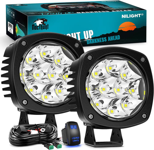 Nilight Led Offroad Lights 4Inch 10LED Round Driving Lamps Spot White Beam | 2PCS Super Bright with 16AWG Wiring Harness Kit for Truck Pickup SUV ATV UTV Motorcycle 4x4 Car